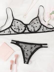 Polka Dot Sheer Mesh Underwire Lingerie Set - Black - View 1