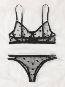 Polka Dot Sheer Mesh Underwire Lingerie Set - Black - View 2