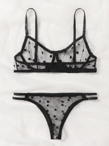 Polka Dot Sheer Mesh Underwire Lingerie Set - Black - View 4