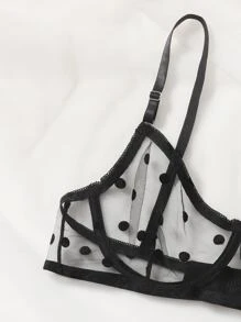 Polka Dot Sheer Mesh Underwire Lingerie Set - Black - View 5