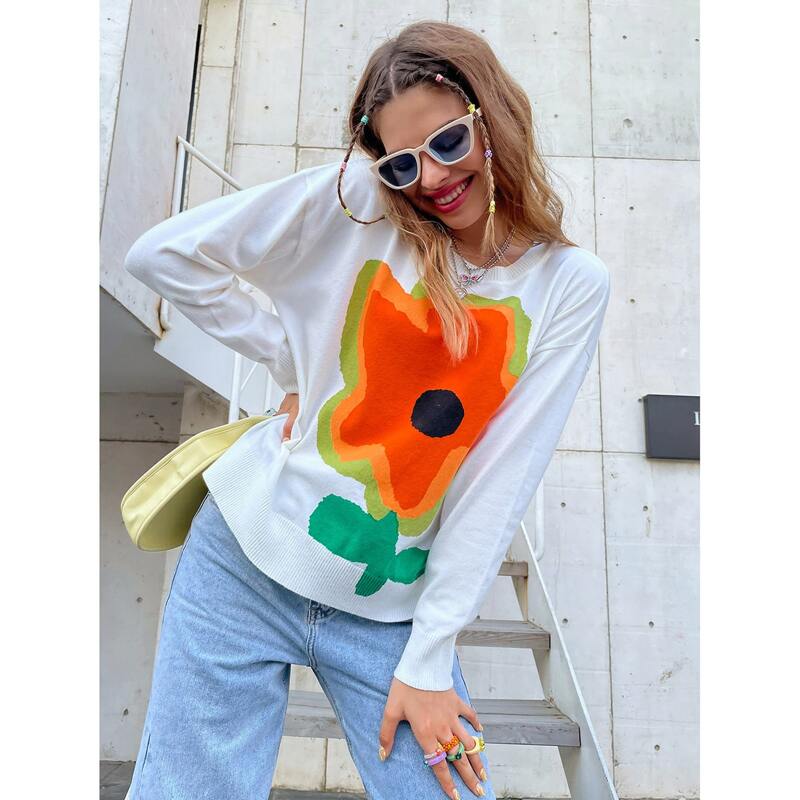 

Floral Pattern Drop Shoulder Sweater, White