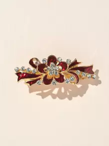 鑽石和花裝飾髮夾優雅蝴蝶結 - 酒紅色 - 查看 1
