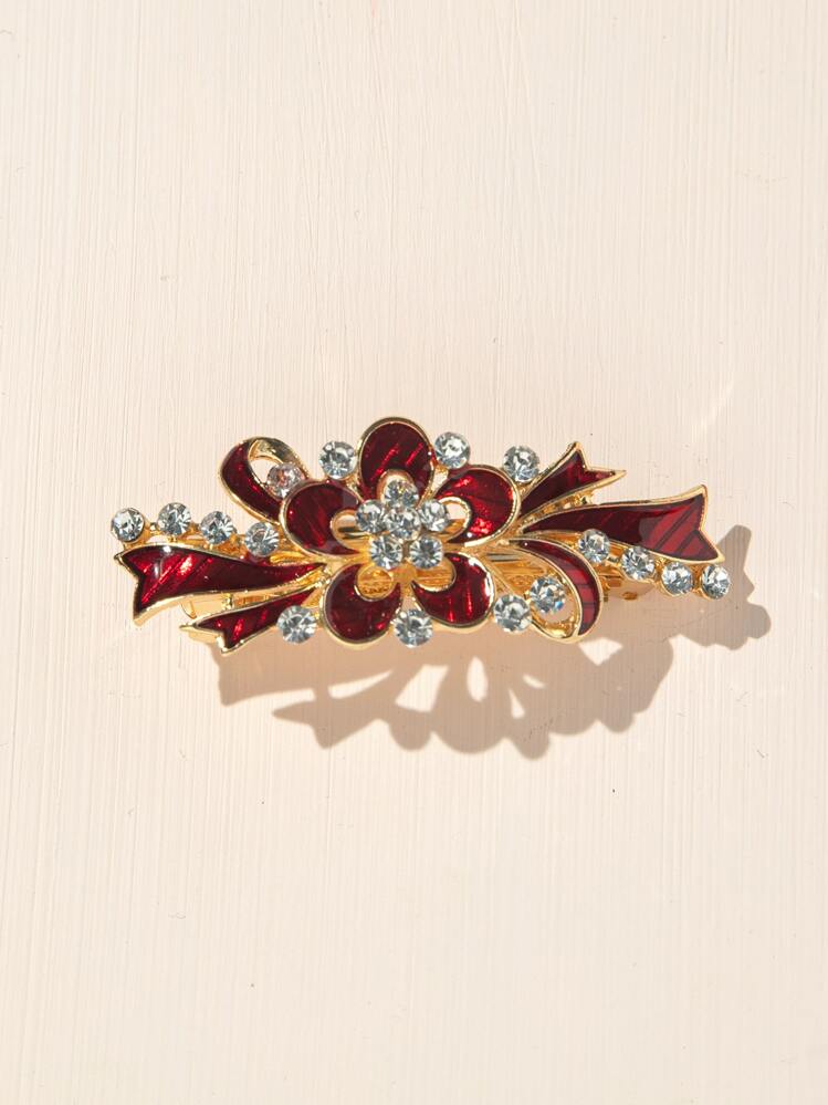 Pinza de pelo elegante con lazo decorado con rhinestone y flor moños - Burdeos - Añade 1