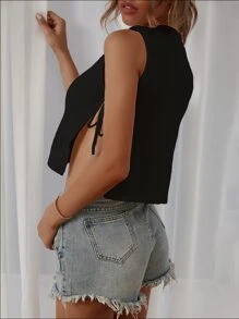 Chiquease 高領打結側邊針織上衣，派對聚會時的出門打扮 - 黑色 - 查看 2