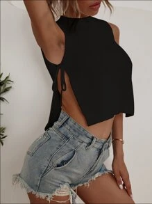 Chiquease 高領打結側邊針織上衣，派對聚會時的出門打扮 - 黑色 - 查看 5