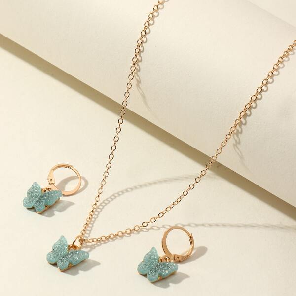 

3pcs Girls Butterfly Decor Jewelry Set, Blue