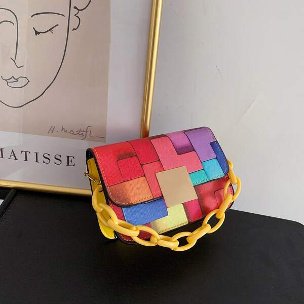 

Colorblock Chain Decor Crossbody Bag, Multicolor