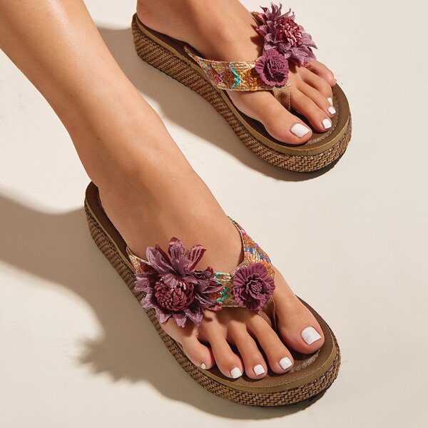 

Floral Appliques Flatform Mules, Coffee brown