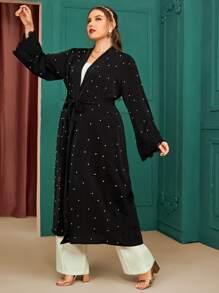 Al Najma Plus Pearls Beaded Contrast Lace Belted Abaya - Black - View 1