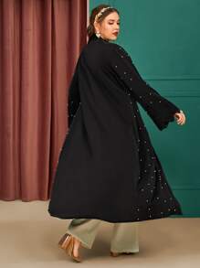 Al Najma Plus Pearls Beaded Contrast Lace Belted Abaya - Black - View 2