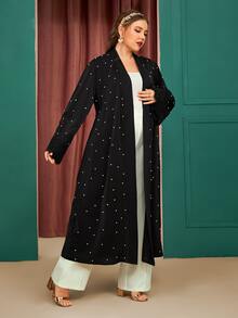 Al Najma Plus Pearls Beaded Contrast Lace Belted Abaya - Black - View 3