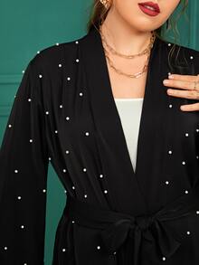 Al Najma Plus Pearls Beaded Contrast Lace Belted Abaya - Black - View 4