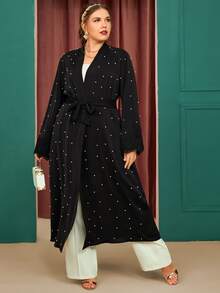 Al Najma Plus Pearls Beaded Contrast Lace Belted Abaya - Black - View 5