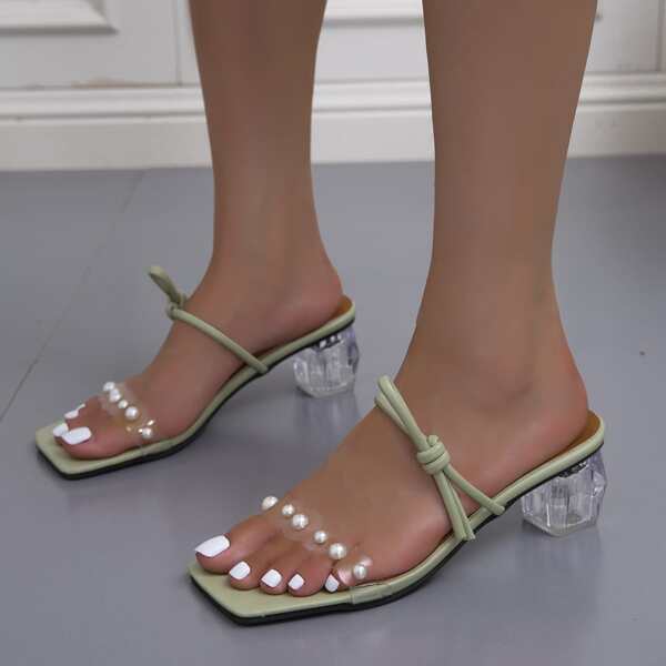 

Clear Faux Pearl Decor Sculptural Heeled Mules, Green