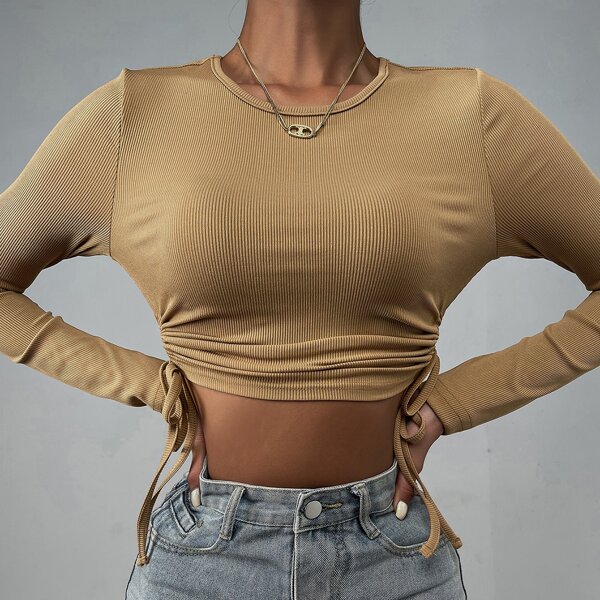 

Crop Drawstring Detail Tee, Brown