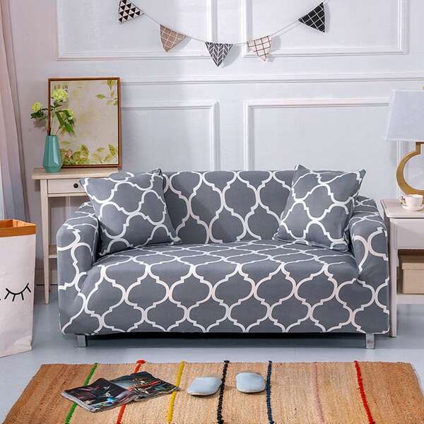 

Geometric Pattern Sofa Cover & 2pcs Cushion Cover Without Filler, Grey
