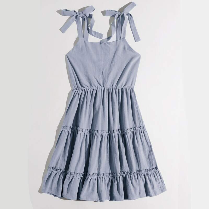 

Solid Tie Shoulder Frill Dress, Dusty blue