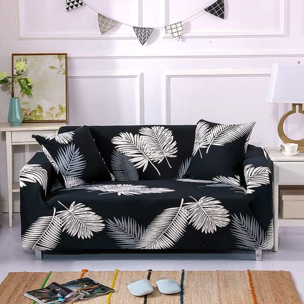 

Leaf Print Sofa Cover & 2pcs Cushion Cover Without Filler, Multicolor