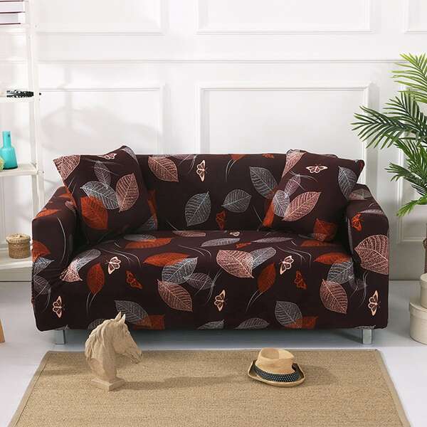 

Leaf Print Sofa Cover & 2pcs Cushion Cover Without Filler, Multicolor