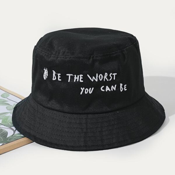 

Slogan Embroidered Bucket Hat, Black