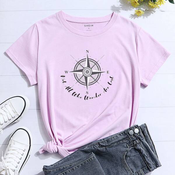 

Slogan & Graphic Print Tee, Lilac purple
