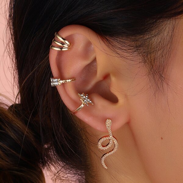 

4pcs Rhinestone Detail Earrings, Gold