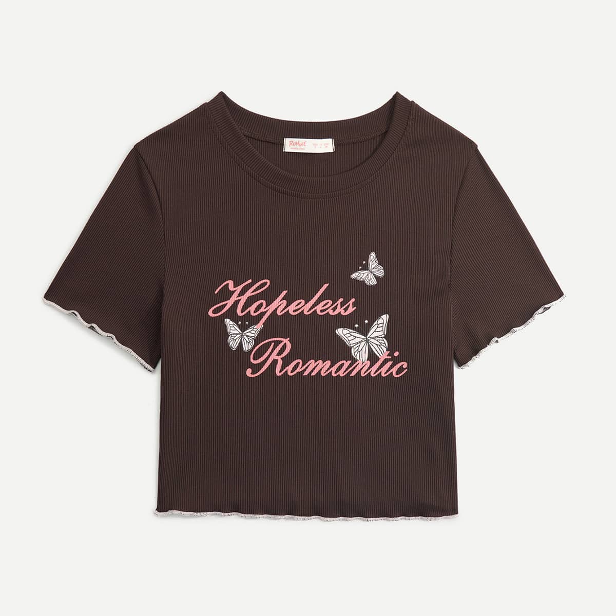 

Butterfly & Slogan Graphic Stitching Tee, Chocolate brown