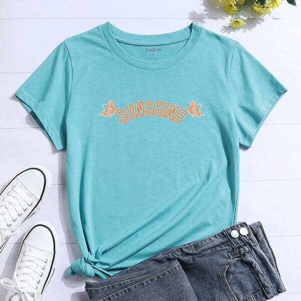 

Letter And Butterfly Print Tee, Mint blue