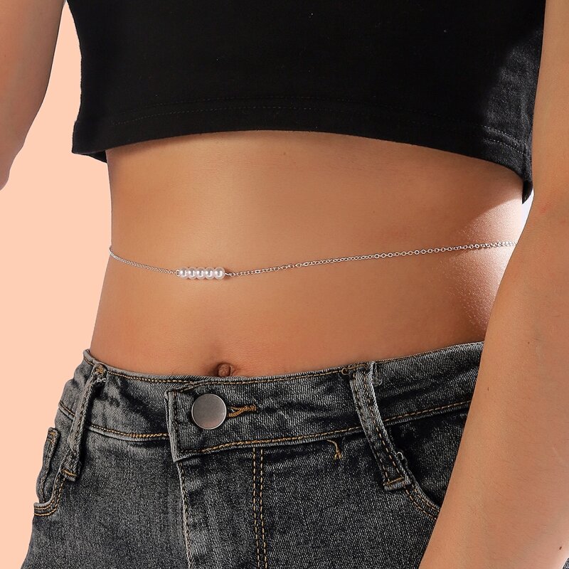 

Faux Pearl Decor Waist Chain, Silver