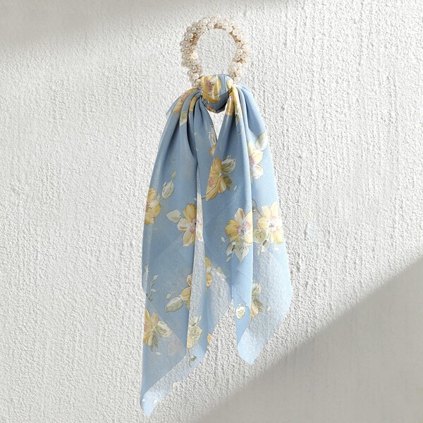 

Flower Print Scarf Hair Tie, Blue