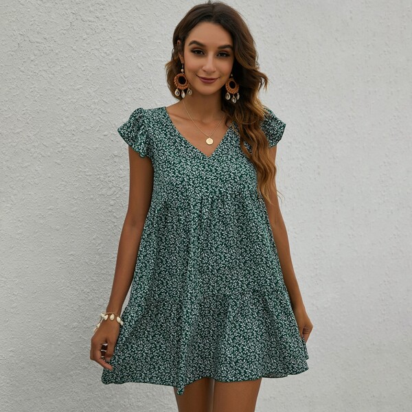 

Plants Print Flounce Hem Smock Dress, Green