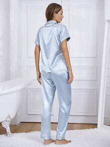 Contrast Binding Trim Satin Blouse and Trousers PJ Set - Baby Blue - View 2