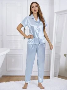Contrast Binding Trim Satin Blouse and Trousers PJ Set - Baby Blue - View 6