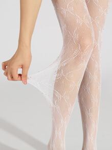 Bow Pattern Fishnet Tights - White - View 6