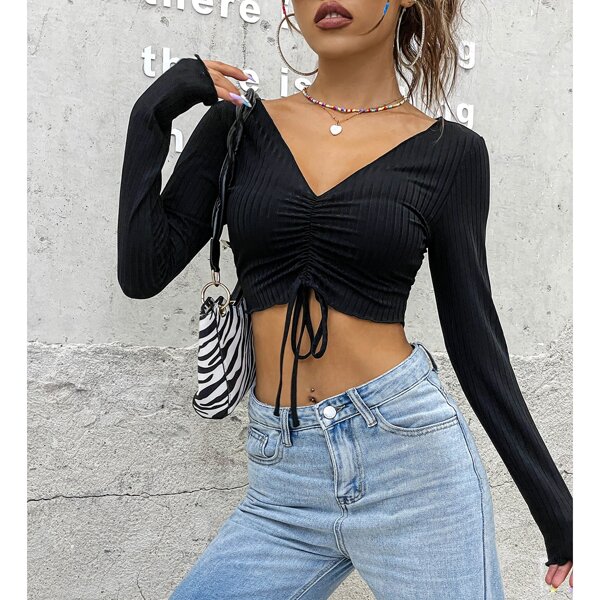 

Drawstring Ruched Crop Tee, Black