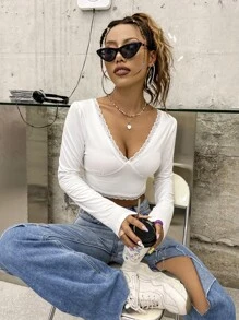 SHEIN Unity 蕾絲邊後綁帶短款T恤 - 白色 - 查看 1