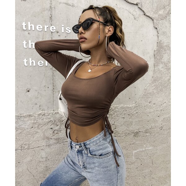 

Drawstring Side Crop Tee, Coffee brown