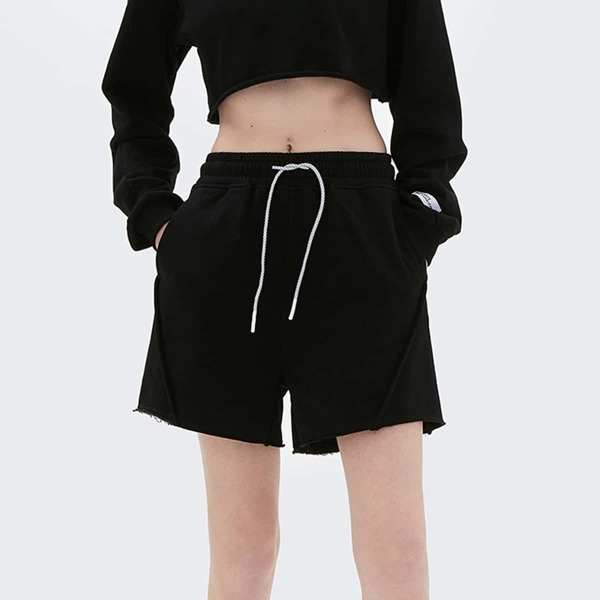 

Drawstring Waist Raw Hem Track Shorts, Black