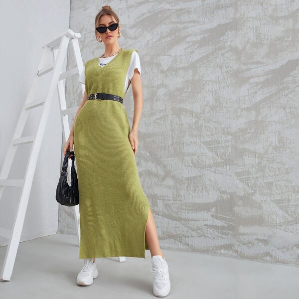 

Solid Split Side Sweater Dress Without Belted, Olive green