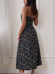 Pariaura Ditsy Floral Print Tie Front Cami Dress - Black - View 2