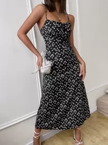 Pariaura Ditsy Floral Print Tie Front Cami Dress - Black - View 5