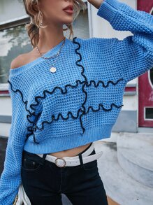 針腳鎖邊落肩套頭毛衣 - 藍色 - 查看 2