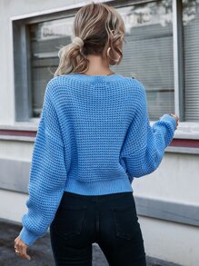 針腳鎖邊落肩套頭毛衣 - 藍色 - 查看 3