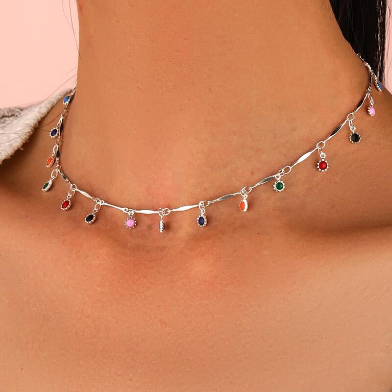 

Colorful Bead Necklace, Silver