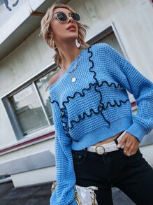 針腳鎖邊落肩套頭毛衣 - 藍色 - 查看 5