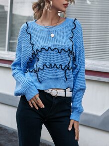 針腳鎖邊落肩套頭毛衣 - 藍色 - 查看 8