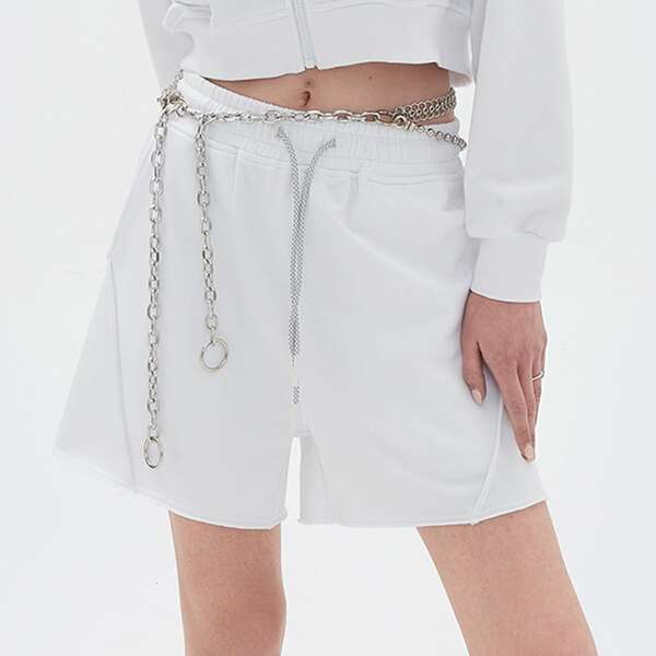 

Drawstring Waist Raw Hem Track Shorts Without Chain, White