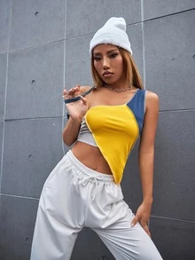 SHEIN Unity 撞色單肩針腳鎖邊不對稱下擺短款上衣 - 彩色 - 查看 3