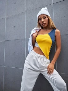 SHEIN Unity 撞色單肩針腳鎖邊不對稱下擺短款上衣 - 彩色 - 查看 5