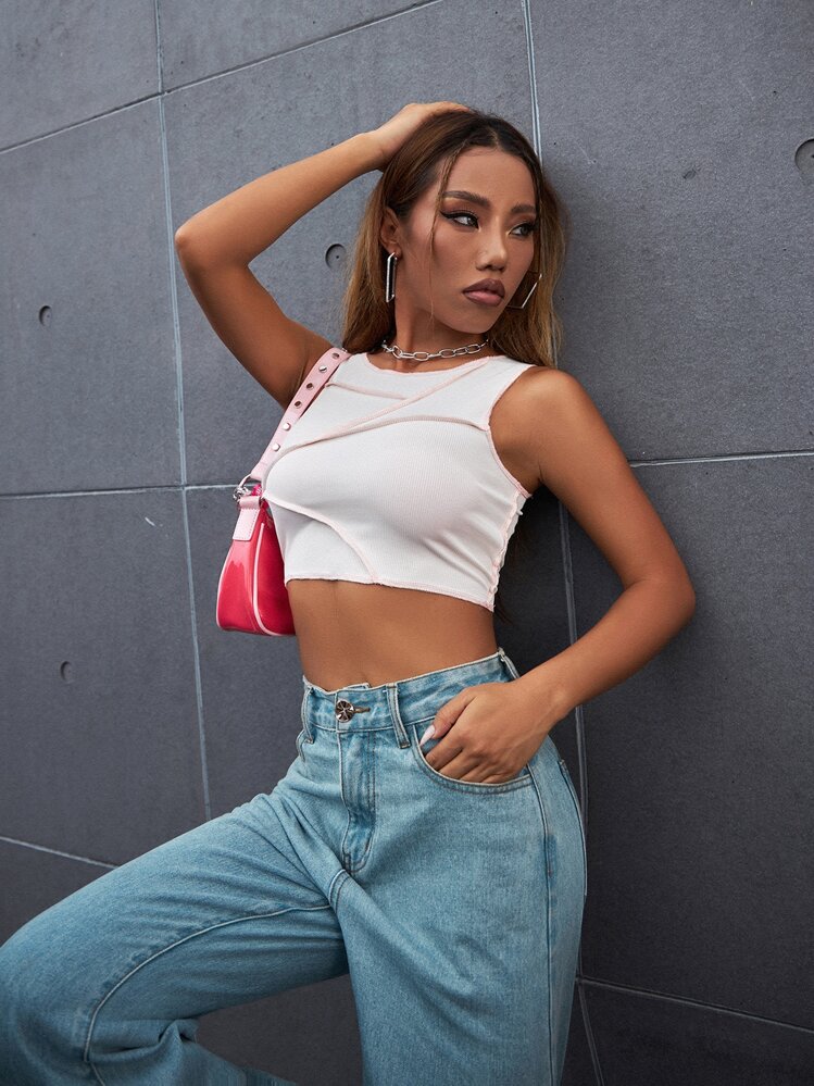 Stitch Trim Rib Knit Tank Crop Top | SHEIN USA